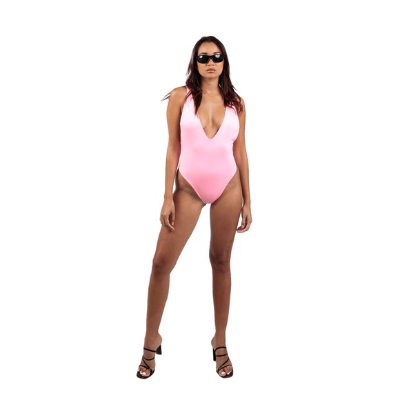 Barbie Pink reversible to light pink V-Neck One Piece Swimsuit - Picture 1 of 5